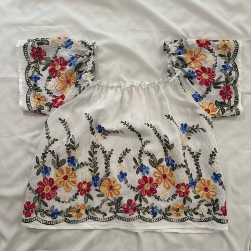 Floral Embroidered Two Way Off The Shoulder Blouse, White & Colorful, Size Small - Picture 2 of 8